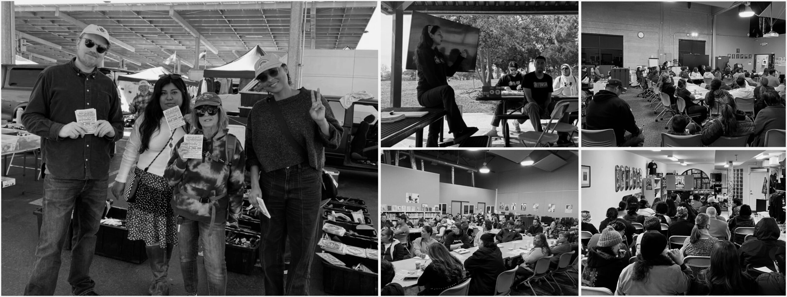 A collage of VC Defensa community trainings and outreach: packed meeting rooms and volunteers tabling at a market.