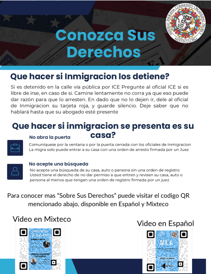 Spanish-language Know Your Rights sheet from MICOP, with QR codes linking to videos in Mixteco and Spanish.