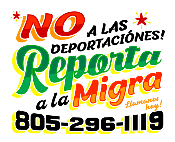 Front of the VC Defensa post card, reading No a las deportaciones and Reporta a la migra with the hotline number.
