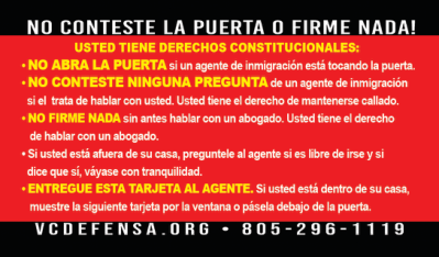 Spanish side of the red card, headed No conteste la puerta o firme nada, listing your constitutional rights and the VC Defensa hotline number.