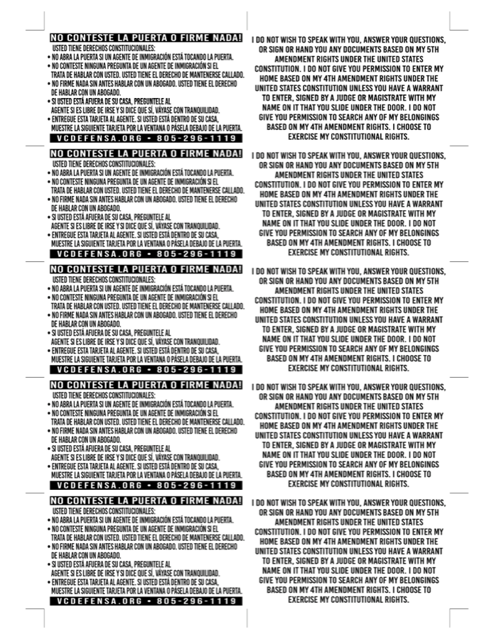 Print sheet of five red cards. The Spanish side lists your constitutional rights, the English side is a statement you can hand to an agent.