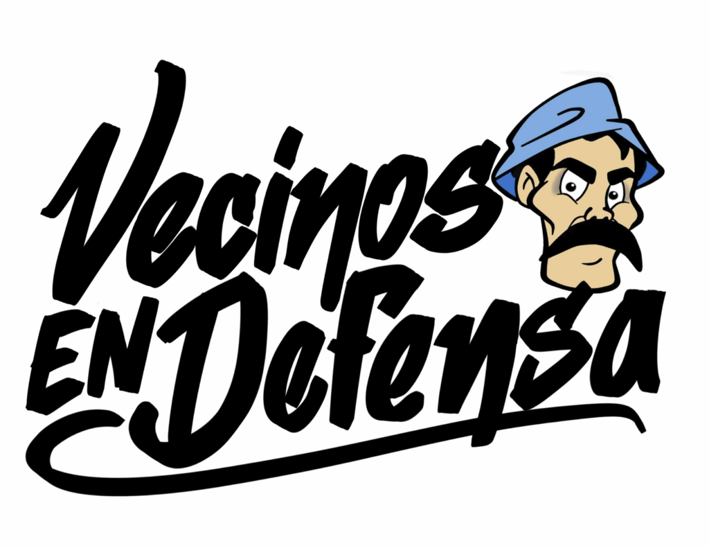 Vecinos en Defensa logo: the name hand-lettered in black, with a moustached figure in a blue cap.